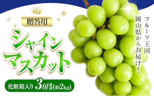 贈答用 フルーツ王国 岡山県産 シャインマスカット 化粧箱入り 3房 前後 Lino ＆ Kai Farm《2026年10月上旬-11月中旬頃出荷》マスカット 送料無料 岡山県 浅口市 ギフト シャインマスカット 岡山 ぶどう フルーツ 果物---124_c3917_10a11b_25_29000_z3---