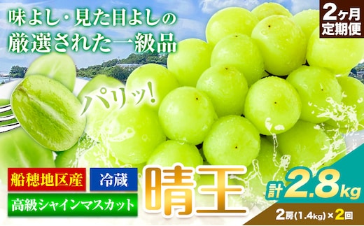 【2026年先行予約】高級 シャインマスカット 2ヶ月 定期便 ぶどう 晴王 2房 1.4kg×2ヶ月 計 2.8kg 岡山県産 《9月上旬-10月末頃出荷》 ハレノフルーツ マスカット 送料無料 岡山県 浅口市 フルーツ 果物 贈り物 ギフト 国産 岡山県産【配送不可地域あり】（北海道・沖縄・離島）---124_c1974_25_85000_1400g_tei---