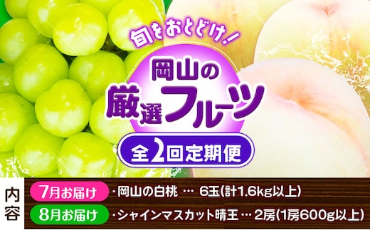 【2026年先行予約】岡山の厳選フルーツ 定期便2回コース 岡山の白桃 6玉(1.6kg以上) シャインマスカット 晴王 2房(1房600g以上) 化粧箱入り ギフト 贈答用 旬 フルーツ 果物 株式会社山博(中本青果) 《2026年7月上旬-8月下旬頃出荷》 岡山県 浅口市 送料無料 【配送不可地域あり】（北海道・沖縄・離島）---124_c1881_7a8c_25_54000_tei---