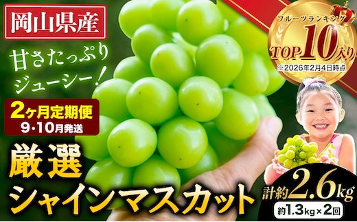 【2026年発送先行予約】9月10月定期便 厳選 シャインマスカット 計約2.6kg 定期便 2か月 ぶどう 1位 マスカット フルーツ 数量限定 果物 岡山 厳選 シャインマスカット ブドウ シャイン 《2026年9月上旬-11月中旬頃出荷》---ofn_cwsmxtei_26_27000_sep2---