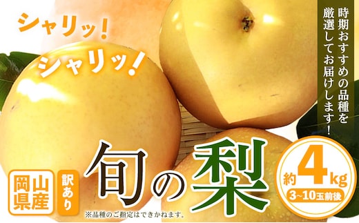 【先行予約】訳あり 岡山県産 旬の梨 約4kg 3～10玉前後 梨 訳あり 優品 新高 愛宕 王秋梨 鴨梨 スイーツ フルーツ デザート 旬 岡山県矢掛町《9月上旬-1月末頃に出荷予定》数量限定---ofn_wsnx_af91_25_17500_4kg---