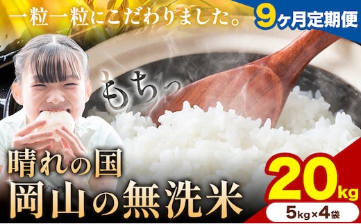 【9ヶ月定期便】晴れの国岡山の無洗米 20kg (5kg×4袋) 岡山県産 無洗米 無洗 米 矢掛町《申し込み翌月から発送》米 コメ---ofn_homtei_25_4005000_mo9num1---
