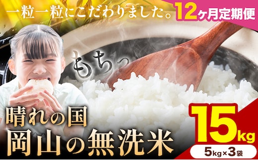 【12ヶ月定期便】晴れの国岡山の無洗米 15kg (5kg×3袋) 岡山県産 無洗米 無洗 米 矢掛町《申し込み翌月から発送》米 コメ---ofn_homtei_25_402000_mo12num1---