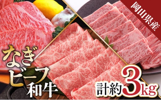 【岡山県産なぎビーフ和牛】 肩ロース すき焼き用約1kg 焼肉用約1kg サーロインステーキ約250g×4 合計3kg 黒毛和牛 牛肉 小分け 冷凍