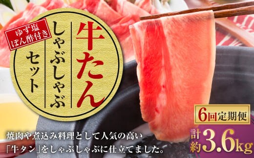【6ヶ月定期便】牛たんしゃぶしゃぶセット 約600g(ゆず塩ぽん酢付き)×6回 計約3,600g 牛たん 牛タン 牛肉 しゃぶしゃぶ 鍋 冷凍 岡山県