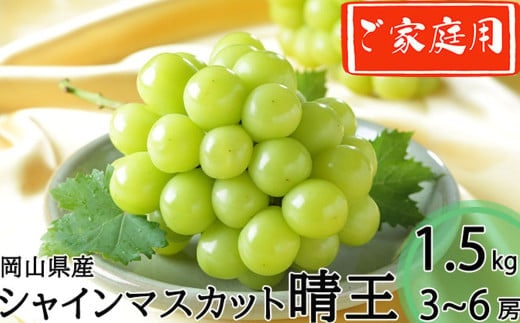 ご家庭用 シャインマスカット 晴王 3~6房 計約1.5kg 【2026年8月下旬~11月下旬迄発送】 / マスカット 葡萄 ぶどう 果物 果実 フルーツ 種なし 皮ごと 大粒 家庭用 岡山県 美咲町 冷蔵