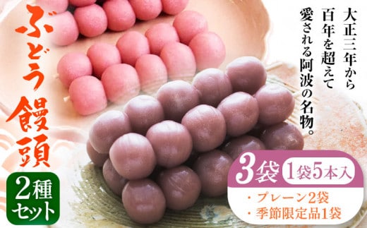 ぶどう饅頭 2種セット 3袋入り 有限会社日乃出本店 《30日以内に出荷予定(土日祝除く)》 徳島県 阿波 ブドウ 饅頭 飴 自家製あん プレーン 季節限定品老舗 和菓子 剣山 穴吹川 贈り物 衛生的 個包装 環境保護 品質保持 st-p---tsm_hinde3_30d_23_11000_3p---