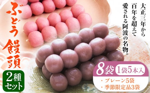 ぶどう饅頭 2種セット 8袋入り 有限会社日乃出本店 《30日以内に出荷予定(土日祝除く)》 徳島県 阿波 ブドウ 饅頭 飴 自家製あん プレーン 季節限定品老舗 和菓子 剣山 穴吹川 贈り物 衛生的 個包装 環境保護 品質保持 st-p---tsm_hinde4_30d_23_23000_8p---