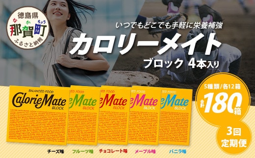 ≪3回定期便：合計180箱≫ カロリーメイト ブロック 4本入り 5種類 各12箱 計60箱【大塚製薬 定期便 チョコ バニラ メープル チーズ フルーツ 5大栄養素 徳島県 那賀町 非常食 常備食 災害 新生活 備蓄 長期保存 栄養食】MS-2-3