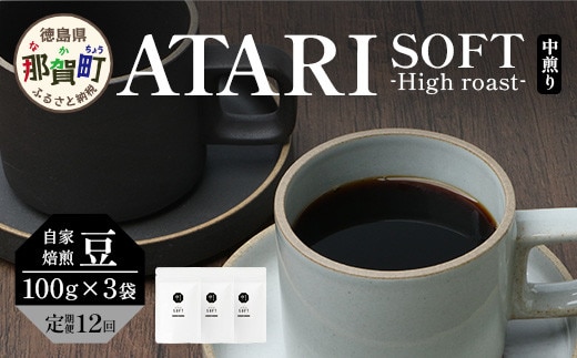 【定期便12回】【豆タイプ】珈琲屋 中-ATARI- SOFT (中煎り) -High roast- 100g×3袋×12回【徳島県 那賀町 自家焙煎 コーヒー 珈琲 ブレンド コーヒー豆 珈琲豆 豆 スペシャリティコーヒー レギュラーコーヒー 中煎り ハイロースト 詰め合わせ ギフト プレゼント お取り寄せ】CO-15