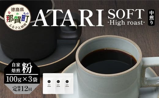 【定期便12回】【粉タイプ】珈琲屋 中-ATARI- SOFT (中煎り) -High roast- 100g×3袋×12回【徳島県 那賀町 自家焙煎 コーヒー 珈琲 ブレンド コーヒー粉 珈琲粉 粉 スペシャリティコーヒー レギュラーコーヒー 中煎り ハイロースト 詰め合わせ ギフト プレゼント お取り寄せ】CO-16