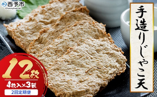 ＜手造り じゃこ天 12枚（4枚入×3袋）2回定期便＞ お魚 お惣菜 じゃこてん 天ぷら 魚肉 練り物 練り製品 小魚のすり身 珍味 おつまみ おかず お弁当 郷土料理 特産品 開洋 愛媛県 西予市【冷蔵】『2か月以内に第1回目を出荷』