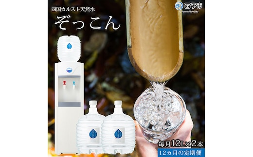 「四国カルスト天然水ぞっこん」ガロンボトル12L×24本、レンタルウォーターサーバーセット（毎月2本1年間の定期便）