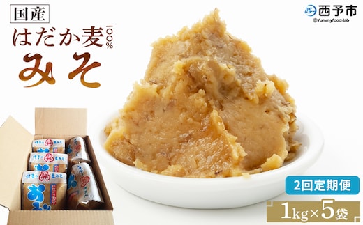 ＜国産 はだか麦 100％ みそ 5kg（1kg×5袋）2回定期便＞ 定期便 味噌 天然醸造 伝統製法 こうじ蓋 麹蓋製法 麦麹 自然発酵 手作業 長期熟成 国産麦 麦味噌 麦みそ 発酵食品 だるまや 愛媛県 西予市【常温】『お申込み月の翌月より配送を開始します』