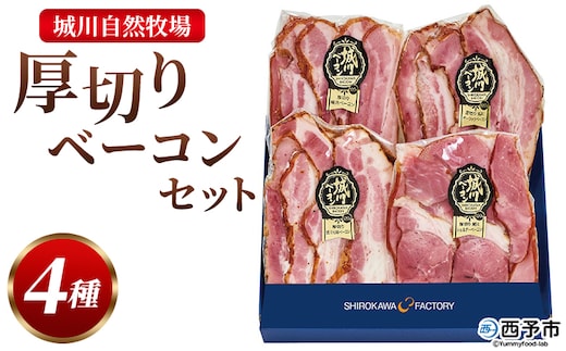 ＜城川自然牧場 厚切りベーコンセット（100g×4種）＞※1か月以内に順次出荷予定 スライス ガーリックベーコン ショルダーベーコン 七味ベーコン 豚肉 加工品 おかず おつまみ ギフト 贈答用 城川ファクトリー 愛媛県 西予市【冷蔵】『1か月以内に順次出荷予定』