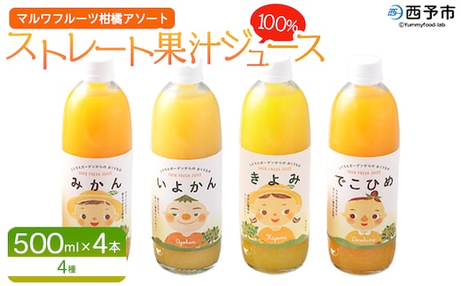 ＜マルワフルーツ柑橘アソート 100％ストレート果汁ジュース 500ml×4本＞ 詰め合わせ セット スイーツ 果物 フルーツ みかん オレンジ 柑橘 清見 でこひめ 河内晩柑 伊予柑 せとか 特産品 愛媛県 西予市【常温】『1か月以内に順次出荷予定』