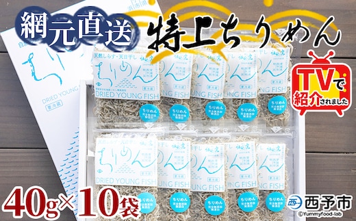 TVで紹介！＜天日干し 特上ちりめん 合計400g（40g×10袋）ギフト箱入り＞ テレビ TV じゃこ しらす 小魚 さかな ごはんのお供 贈答 贈り物 御礼 お礼 小分け 海鮮 海産物 おつまみ おやつ 産地直送 網元・祇園丸 愛媛県 西予市 【冷蔵】『1か月以内に順次出荷予定』