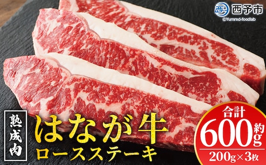 ＜熟成肉 はなが牛 ロースステーキ 3枚（1枚200g）＞ 牛肉 牛 肉 ステーキ サーロイン ブランド牛 鉄板焼き 焼き肉 焼肉 バーベキュー BBQ 国産 小分け 特産品 愛媛県 ゆうぼく 西予市【冷凍】