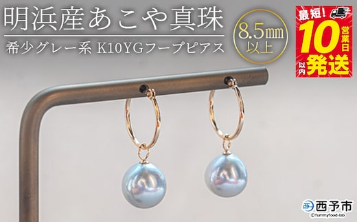 ＜明浜産あこや真珠8.5mm 希少グレー系 K10YGフープピアス＞ パール ジュエリー アクセサリー フォーマル カジュアル ギフト 西予市 贈り物 祝 冠婚葬祭