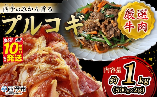 ＜西予のみかん香るプルコギ 合計 約1kg（500g×2）＞ みかん風味 韓国 牛肉 お肉 味付け 焼肉 タレ漬け タレ レシピ プルコギ丼 献立 アレンジ 味付け 子供 惣菜 おかず グルメ 愛媛県 西予市【冷凍】