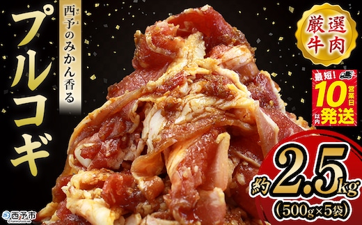 ＜西予のみかん香るプルコギ 合計 約2.5kg（500g×5）＞ みかん風味 韓国 牛肉 お肉 味付け 焼肉 タレ漬け タレ レシピ プルコギ丼 献立 アレンジ 味付け 子供 惣菜 おかず グルメ 愛媛県 西予市【冷凍】『最短10営業日以内に発送』