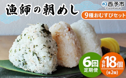 ＜漁師の朝めし 9種おむすびセット 合計18個（各2個） 6回定期便＞ 定期便 詰合せ おにぎり お米 こめ ちりめん 山椒 生姜 青のり つくだ煮 しそわかめ 大根葉 梅ごま ひじき 網元・祇園丸 愛媛県 西予市【冷凍】『お申込み月の翌月より配送を開始します』