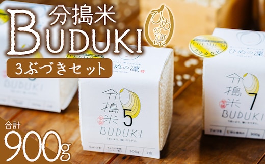 ＜分搗米「BUDUKI」ひめの凜 「3ぶづき」2合入り×3個（900g）＞ ひめのりん 分づき米 ぶづき米 ぶずき米 お米 コメ こめ 選べる 3分づき 玄米 精米 ご飯 もとき農園 愛媛県 西予市【常温】『令和7年11月中旬より順次発送予定』
