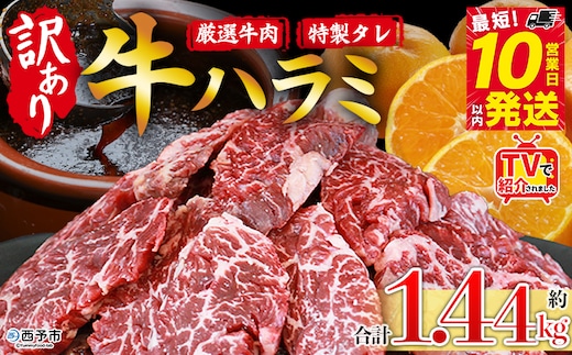 TVで紹介！＜秘伝の特製タレ仕込み！やわらか味付き 牛ハラミ 約1.44kg（360g×4）＞ テレビ TV 訳あり はらみ ハラミ 赤身 大容量 牛肉 お肉 焼肉 BBQ 味付き タレ漬け 甘辛 レシピ 丼 献立 惣菜 おかず 簡単 グルメ 株式会社丸和 愛媛県 西予市【冷凍】『最短10営業日以内に順次出荷』