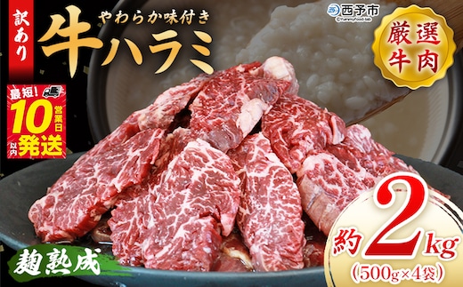 ＜麹熟成で旨み引き立つ！やわらか味付き 牛ハラミ 約2kg（500g×4）＞ 訳あり はらみ ハラミ 赤身 大容量 牛肉 お肉 焼肉 BBQ 味付き 麹 コスパ 塩味 レシピ 丼 献立 惣菜 おかず 簡単 グルメ 株式会社丸和 愛媛県 西予市【冷凍】『最短10営業日以内に順次出荷』