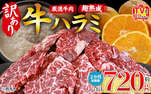 TVで紹介！＜麹熟成で旨み引き立つ！やわらか味付き 牛ハラミ 約720g（360g×2） 2か月定期便＞ テレビ TV 訳あり はらみ ハラミ 赤身 大容量 牛肉 お肉 焼肉 BBQ 味付き 麹 コスパ 塩味 レシピ 丼 献立 惣菜 おかず 簡単 グルメ 株式会社丸和 愛媛県 西予市【冷凍】『入金確認後、お申込み月の翌月より配送を開始します』