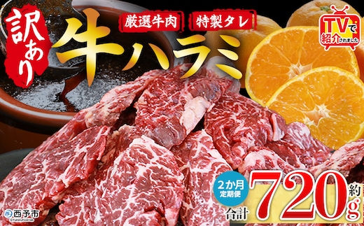 TVで紹介！＜秘伝の特製タレ仕込み！やわらか味付き 牛ハラミ 約720g（360g×2） 2か月定期便＞ テレビ TV 訳あり はらみ ハラミ 赤身 大容量 牛肉 お肉 焼肉 BBQ 味付き タレ漬け 甘辛 レシピ 丼 献立 惣菜 おかず 簡単 グルメ 株式会社丸和 愛媛県 西予市【冷凍】『入金確認後、お申込み月の翌月より配送を開始します』