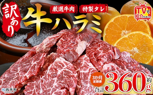 TVで紹介！＜秘伝の特製タレ仕込み！やわらか味付き 牛ハラミ 約360g（360g×1） 3か月定期便＞ テレビ TV 訳あり はらみ ハラミ 赤身 大容量 牛肉 お肉 焼肉 BBQ 味付き タレ漬け 甘辛 レシピ 丼 献立 惣菜 おかず 簡単 グルメ 株式会社丸和 愛媛県 西予市【冷凍】『入金確認後、お申込み月の翌月より配送を開始します』