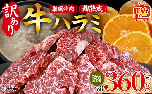 TVで紹介！＜麹熟成で旨み引き立つ！やわらか味付き 牛ハラミ 約360g（360g×1） 6か月定期便＞ テレビ TV 訳あり はらみ ハラミ 赤身 大容量 牛肉 お肉 焼肉 BBQ 味付き 麹 コスパ 塩味 レシピ 丼 献立 惣菜 おかず 簡単 グルメ 株式会社丸和 愛媛県 西予市【冷凍】『入金確認後、お申込み月の翌月より配送を開始します』