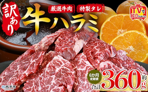 TVで紹介！＜秘伝の特製タレ仕込み！やわらか味付き 牛ハラミ 約360g（360g×1） 6か月定期便＞ テレビ TV 訳あり はらみ ハラミ 赤身 大容量 牛肉 お肉 焼肉 BBQ 味付き タレ漬け 甘辛 レシピ 丼 献立 惣菜 おかず 簡単 グルメ 株式会社丸和 愛媛県 西予市【冷凍】『入金確認後、お申込み月の翌月より配送を開始します』