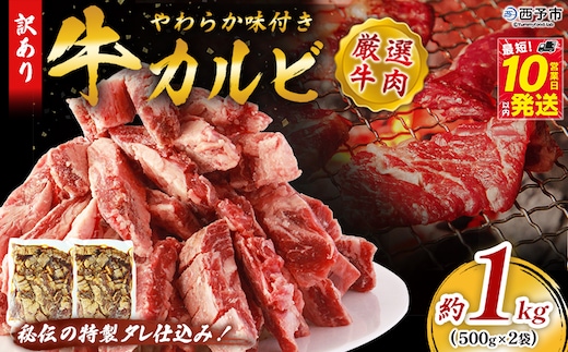 ＜やわらか味付き 牛カルビ 約1kg(500g×2)＞ 特製タレ漬け 厚切り 切れ目入り 焼くだけ 訳あり 牛肉 大容量 甘辛 ジューシー 柔らかい おかず 惣菜 簡単 焼肉 バーベキュー キャンプ アウトドア 丸和 愛媛県 西予市【冷凍】『最短10営業日以内に順次出荷』