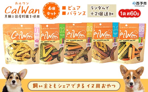 ＜CalWan（カルワン）4個セット＞ 国産 詰合わせ 1袋約60g 犬 ペット おやつセット 愛媛県産 SDGs ヒューマングレード トリーツ 養殖真鯛 フードロス (株)SakuSaku 愛媛県 西予市【常温】『1か月以内に順次出荷予定』