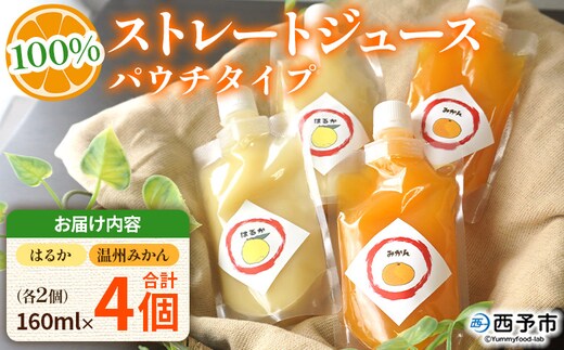 ＜温州みかん＆はるか100％ストレートジュース パウチタイプ 160ml×各2個 計4個＞『1か月以内に順次発送予定』飲み比べ セット 果物 くだもの フルーツ 柑橘類 みかん 蜜柑 ミカン みかんジュース 飲料 渡江から一歩を踏み出す会 愛媛県 西予市【常温】
