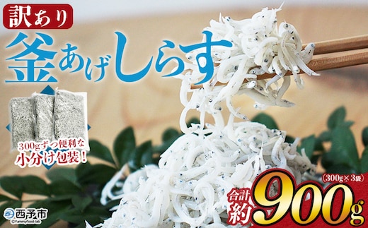 ＜老舗網元 訳あり釜揚げしらす 合計約900g（300g×3袋）＞『1か月以内に順次出荷予定』 かまあげ シラス じゃこ 海鮮 海産物 丼 小魚 乾物 小分け 小分けパック 便利 カルシウム 国産 特産品 マルヨシ水産 愛媛県 西予市【冷凍】