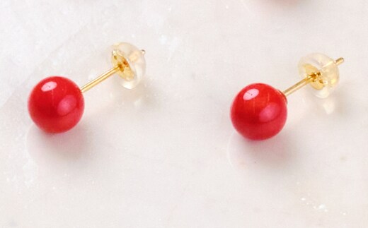 kn006赤珊瑚 丸玉（大）ピアス（Ｋ１８ＷＧ）