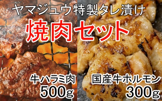 yj065ヤマジュウの特選タレ漬け！牛ハラミ肉５００g＆国産牛ホルモン３００ｇ