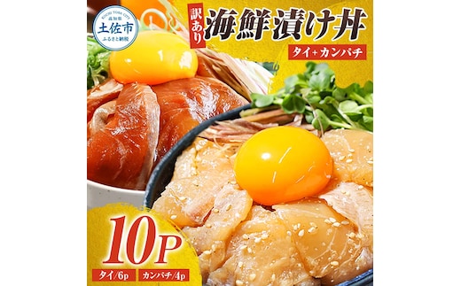 訳あり海鮮漬け丼（タイ6P・カンパチ4P）セット 漬け丼 漬け 鯛 かんぱち 勘八 白身魚 食べ比べ 海鮮 魚 冷凍 食品 保存食 小分け 高知 土佐 海鮮丼 漬け丼 ぶっかけ 鯛めし 惣菜 そうざい 訳アリ わけあり 不揃い 規格外 故郷納税 返礼品