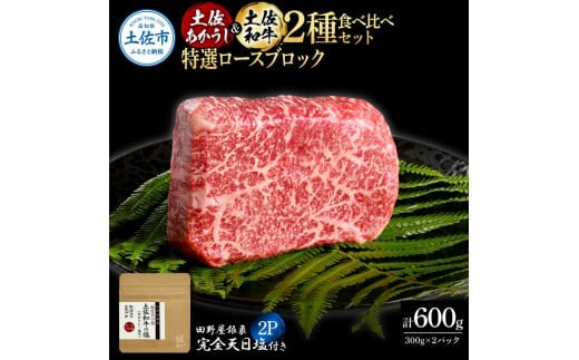 土佐あかうし＆土佐和牛2種食べ比べ 特選ロースブロック300g 計2P 田野屋銀象完全天日塩2P付 牛肉 肉 お肉 和牛 国産 牛 赤身 ヒレ カルビ ロース ブロック【株式会社LATERAL】 [BQAU081]