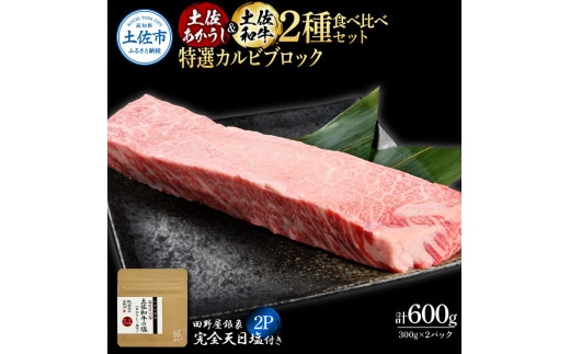 土佐あかうし＆土佐和牛2種食べ比べ 特選カルビブロック300g 計2P 田野屋銀象完全天日塩2P付 牛肉 肉 お肉 和牛 国産 牛 赤身 ヒレ カルビ ロース ブロック【株式会社LATERAL】 [BQAU071]