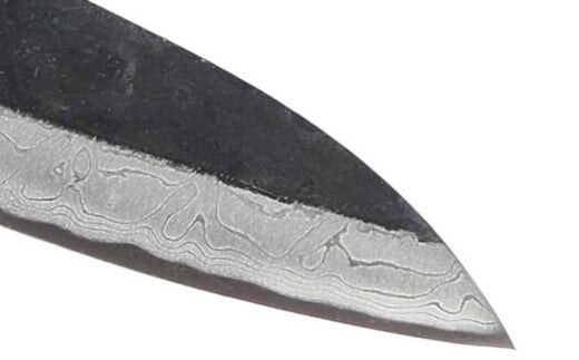 土佐打刃物】 出刃包丁 黒打ち仕上げ ダマスカス 両刃 刃長15cm 土佐