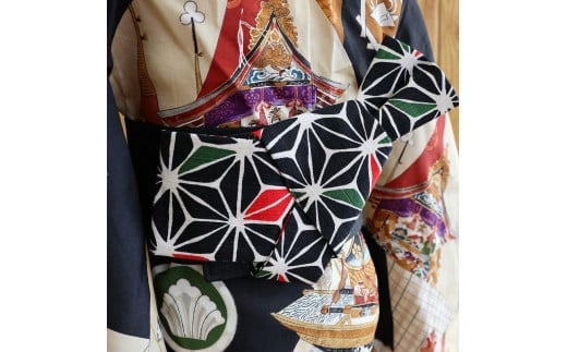 帯 (patipati) 子ども甚平用 角帯 麻の葉 ブラック おび 和装 和服 小物