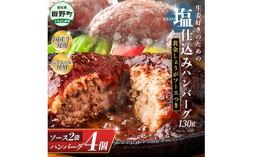 塩仕込みハンバーグ 4個入り 黄金しょうがソース付 2袋 美鮮豚 びせんとん 生姜 田野屋青蜂 白鯆 完全天日塩 肉 お肉 国産牛 四万十ポーク おかず 惣菜 ジューシー おいしい 洋食 お取り寄せ 冷凍 配送 高知県 田野町