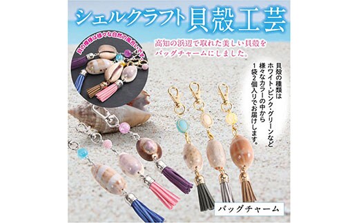 SCR001 緊急支援 バッグチャーム 2個 シェルクラフト 貝殻工芸 ＜高知の浜辺でとれた美しい貝殻のバッグチャーム＞キーホルダー