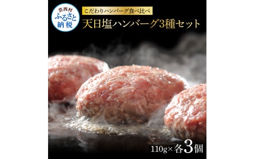 CDM016 1/1～寄附額変更 食べ比べ！天日塩ハンバーグ3種セット各3個(110g×3種) 合計9個 ハンバーグ 黒毛和牛 美鮮豚 天然塩 天日塩 デミグラスソース 和風ソース ソース付き 牛肉 豚肉 温めるだけ 冷凍 配送 国産 故郷納税 