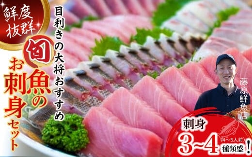 旬な海の幸をお届け！大将のおまかせ刺身3～4種類盛！ 海鮮 鮮魚 海鮮丼 魚 お魚 魚介類 冷蔵 鰹 マグロ ブリ ハマチ イカ スマ グレ イサギ セット カンパチ ヒラマサ ／Efs-03