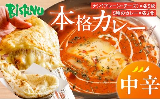 【中辛】ビスヌ 本格カレー 10食＋プレーンナン5枚＋チーズナン5枚_Ca050-02
